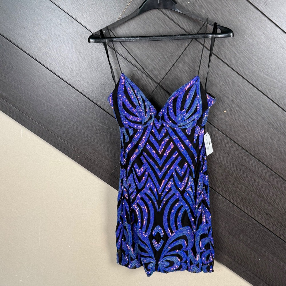 Windsor Women's M Sequin Mini Dress Black Blue Iridescent Bodycon Party NWT